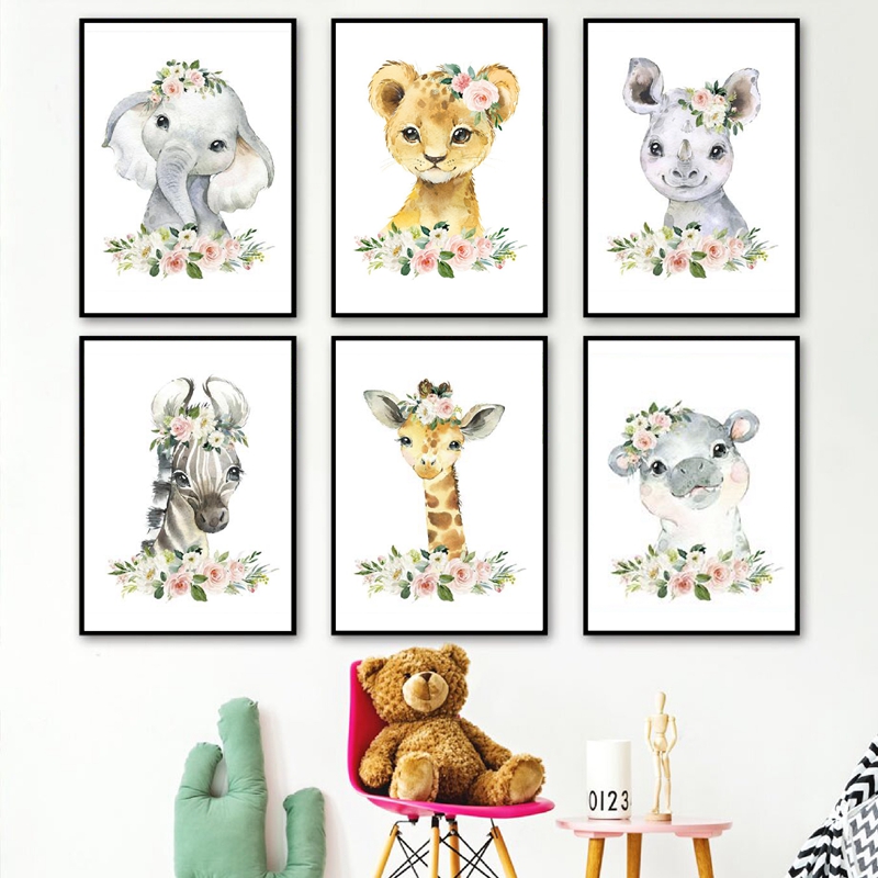 Animals Baby Nursery - Floral Jungle Animals Canvas Prints Nursery