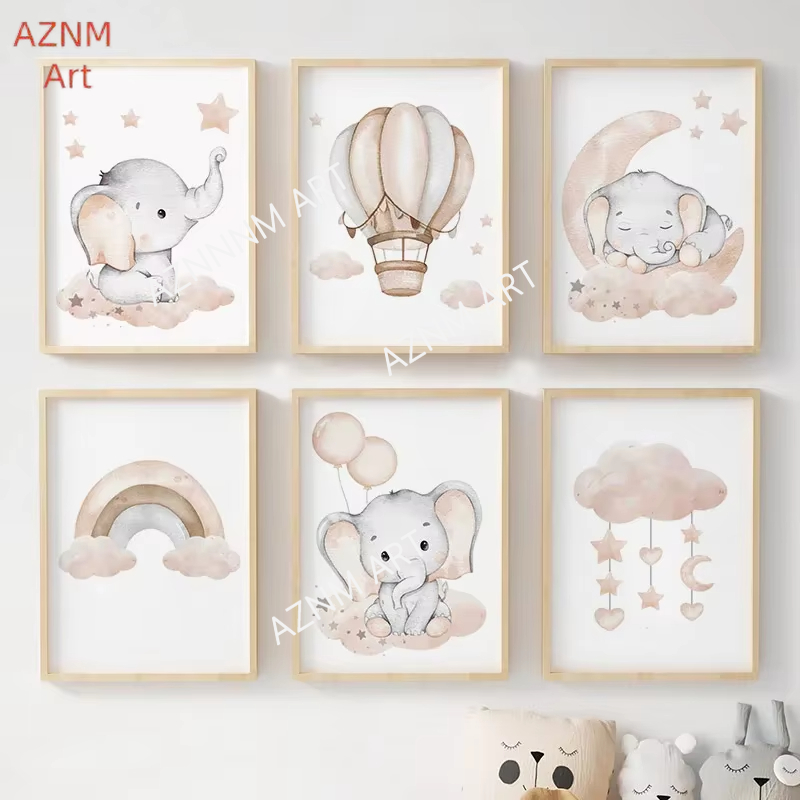 Baby Nursery Artwork - Elephant Balloon Rainbow Moon Stars Cloud