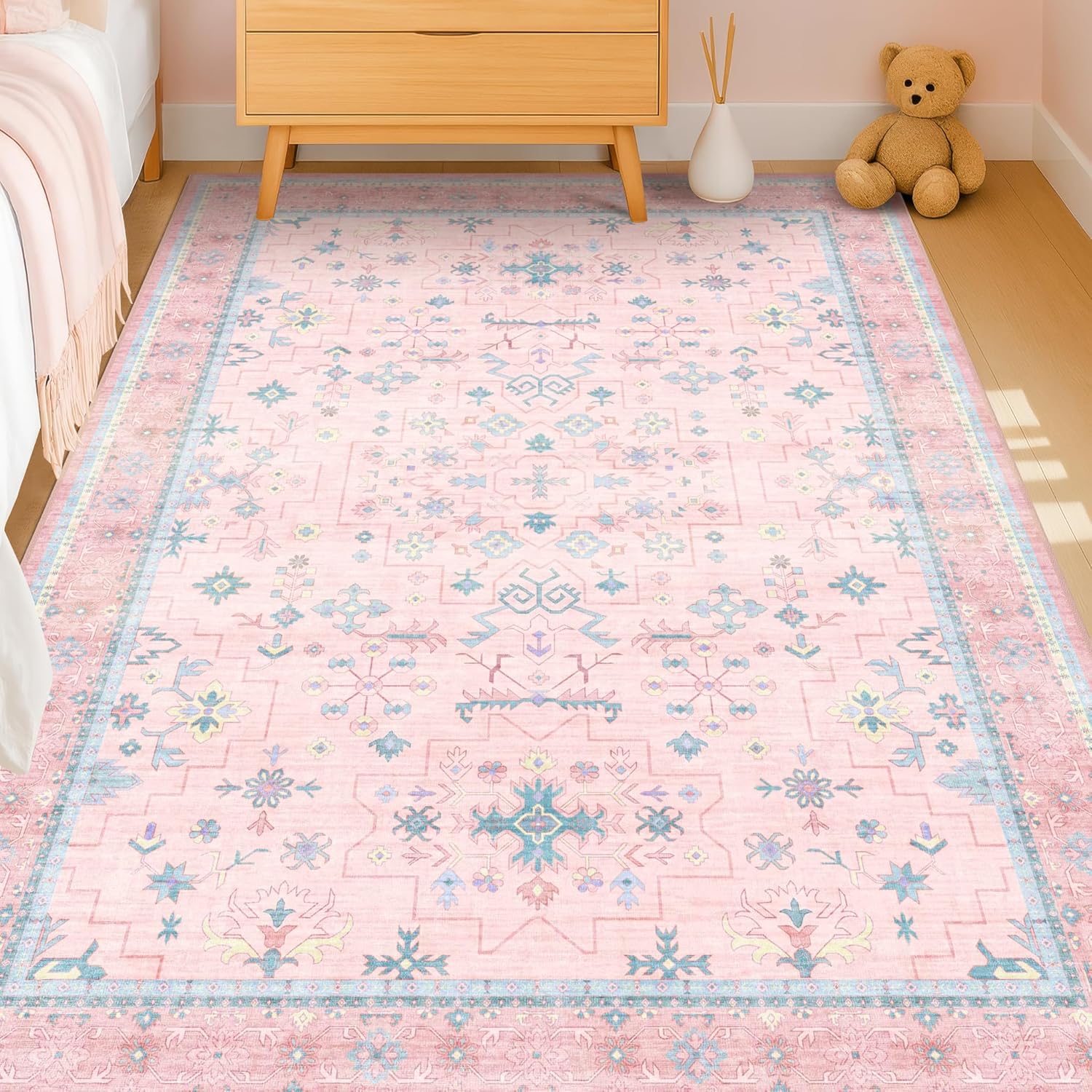 Baby Nursery Vintage Decor - Pink Rugs for Bedroom Girls,Washable Area