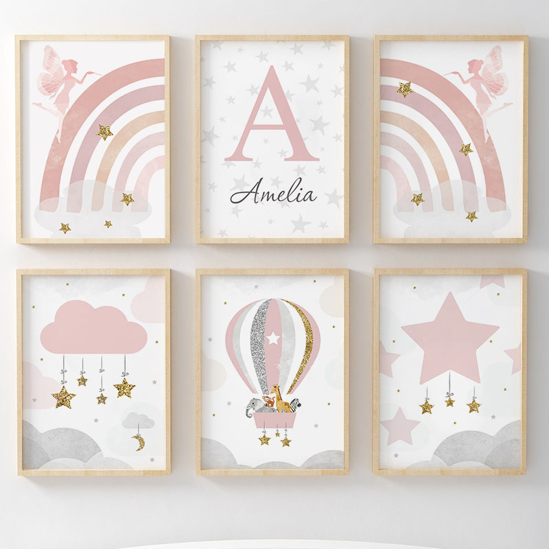Animals Baby Nursery - Pink Angel Girl Rainbow Wall Art