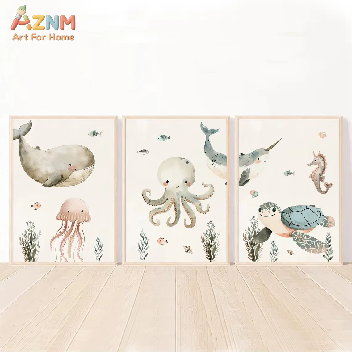Animals Baby Nursery - AZNM Watercolor Cute Ocean Animal Canvas