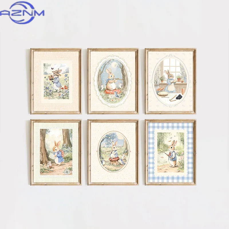 Baby Nursery Vintage Decor - AZNM Vintage Boho Blue Plaid Rabbit