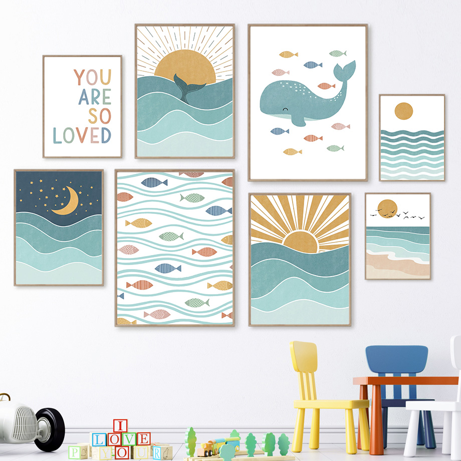 Baby Nursery Quotes Wall Art - (2D canvas painting) Fish Whale Seagull