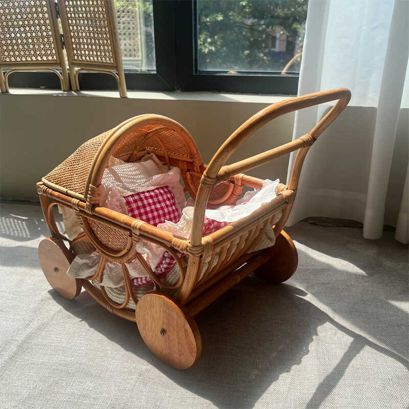 Baby Nursery Vintage Decor - Woven Rattan Baby Stroller Vintage Playing