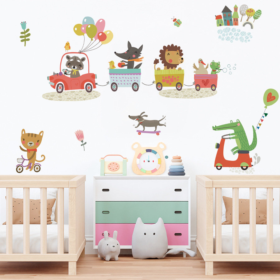 Baby Nursery Diy - Cartoon Animal Train Driving Car Wall