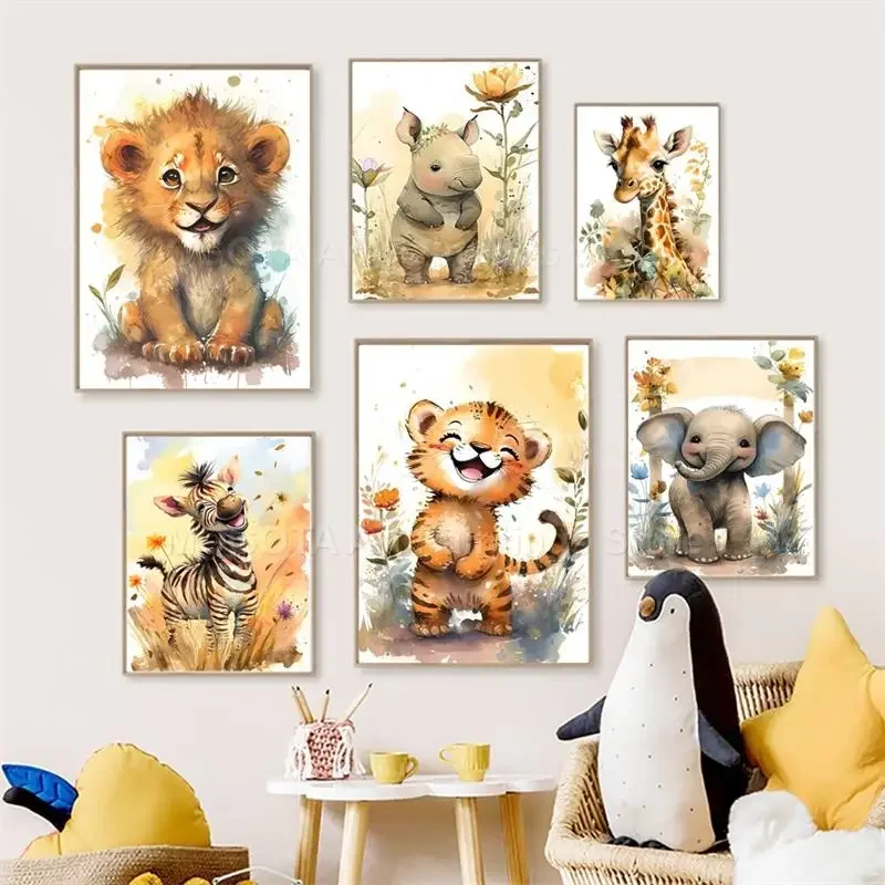 Baby Nursery Artwork - Watercolor Lion Giraffe Tiger Elephant Zebra