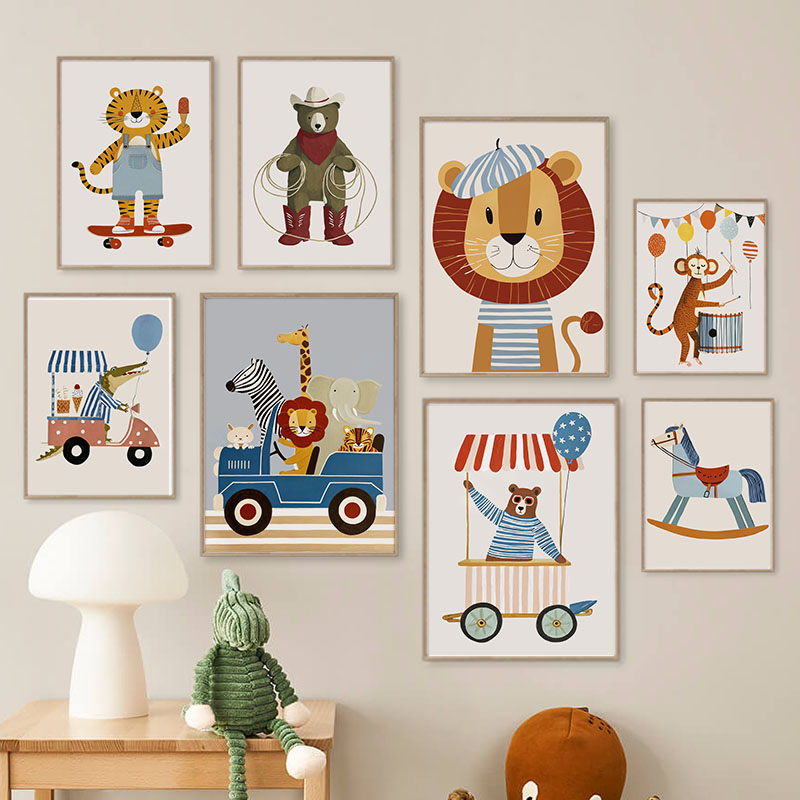 Baby Nursery Artwork - Funny Cartoon Animal Car Balloon Nursery
