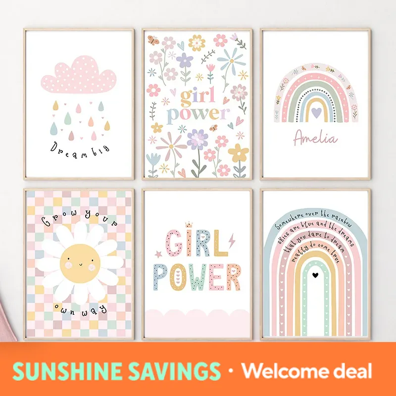Baby Nursery Artwork - Sun Flower Rainbow Cloud Heart Nursery