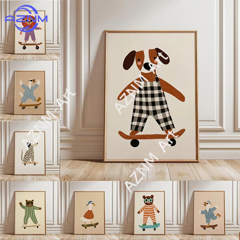 Baby Nursery Artwork - 1PC Funny Animal Skateboarding Poster Trendy