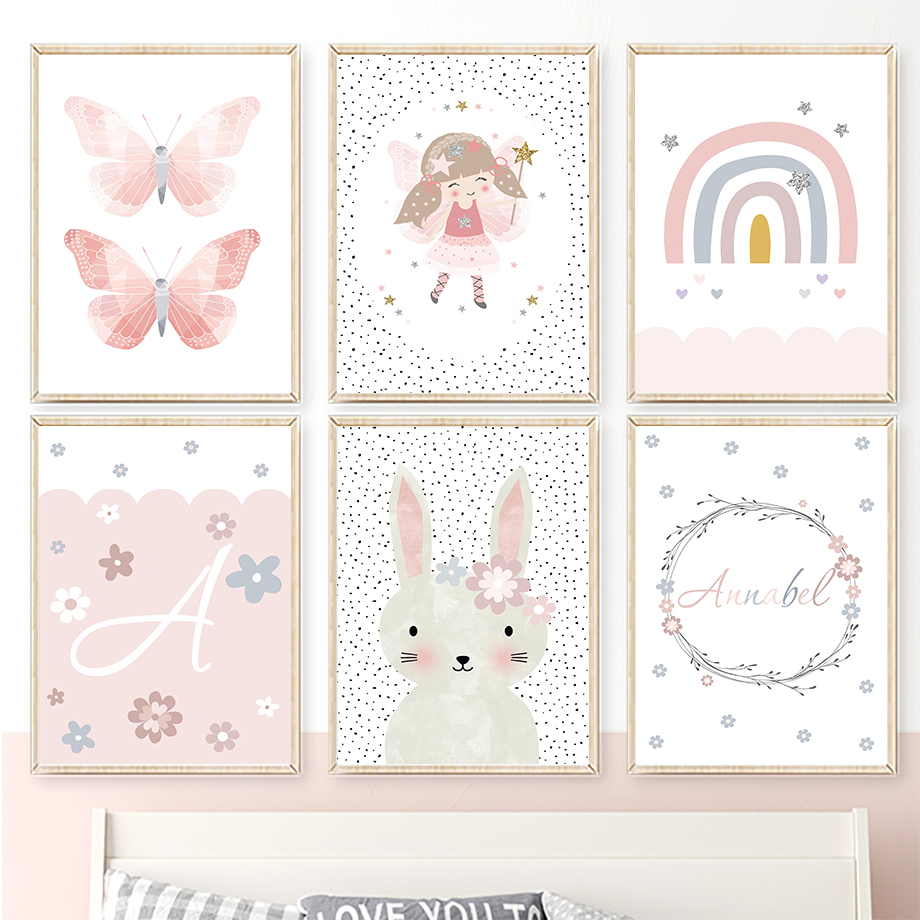 Baby Nursery Artwork - Cute Girl Rabbit Flower Butterfly Rainbow